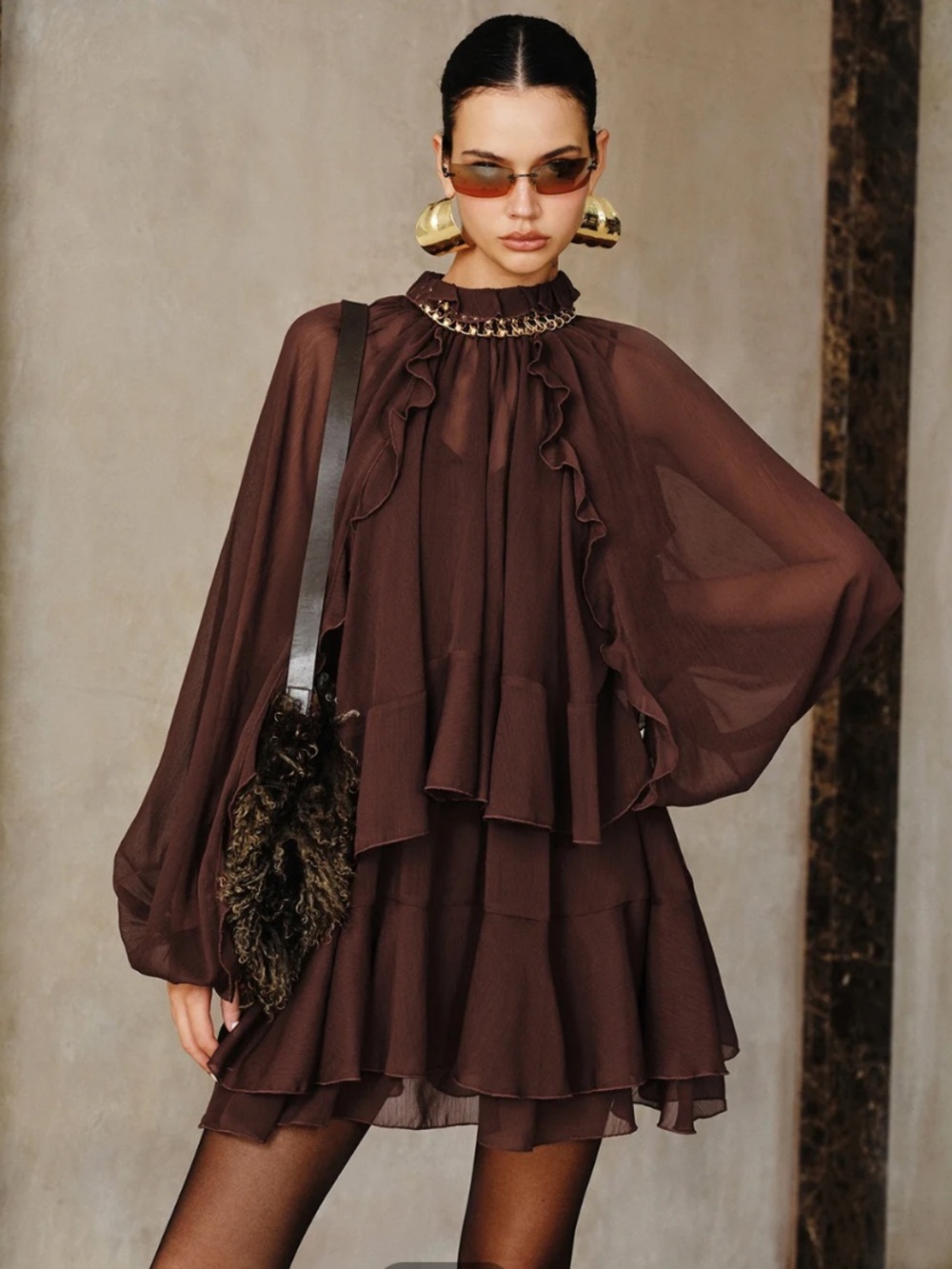 NWT Commense Chocolate Brown Ruffled Cape Mini Dress